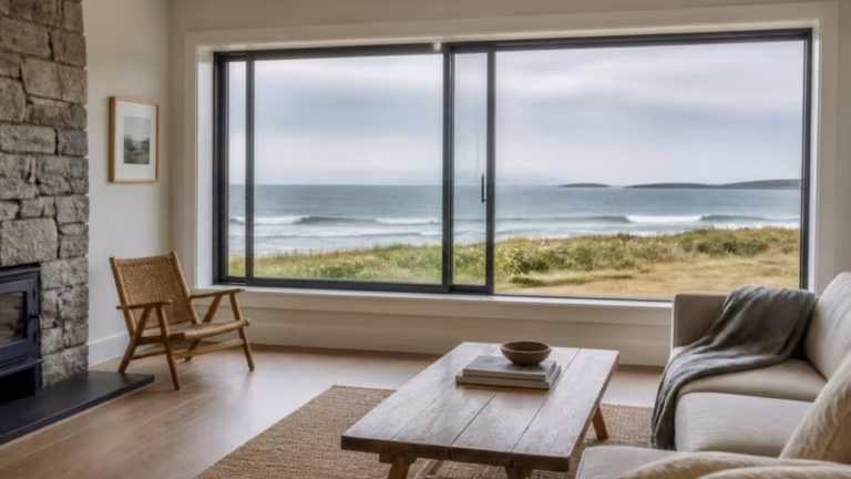 Wide aluminium sliding window with a sea view, one panel open