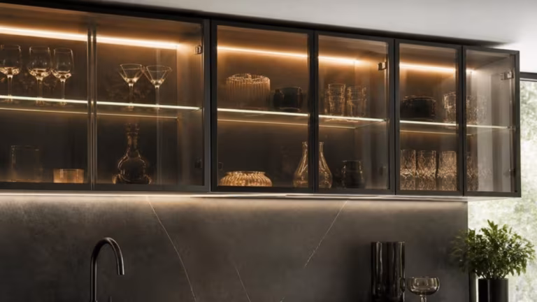 Kitchen wall units with smoked glass doors and shelf lighting