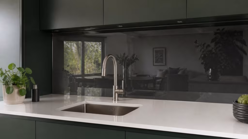 Smoked grey mirrored splashback behind a kitchen sink