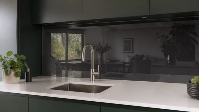 Smoked grey mirrored splashback behind a kitchen sink