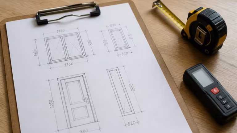 Survey sketches with measurements beside a tape and laser measure