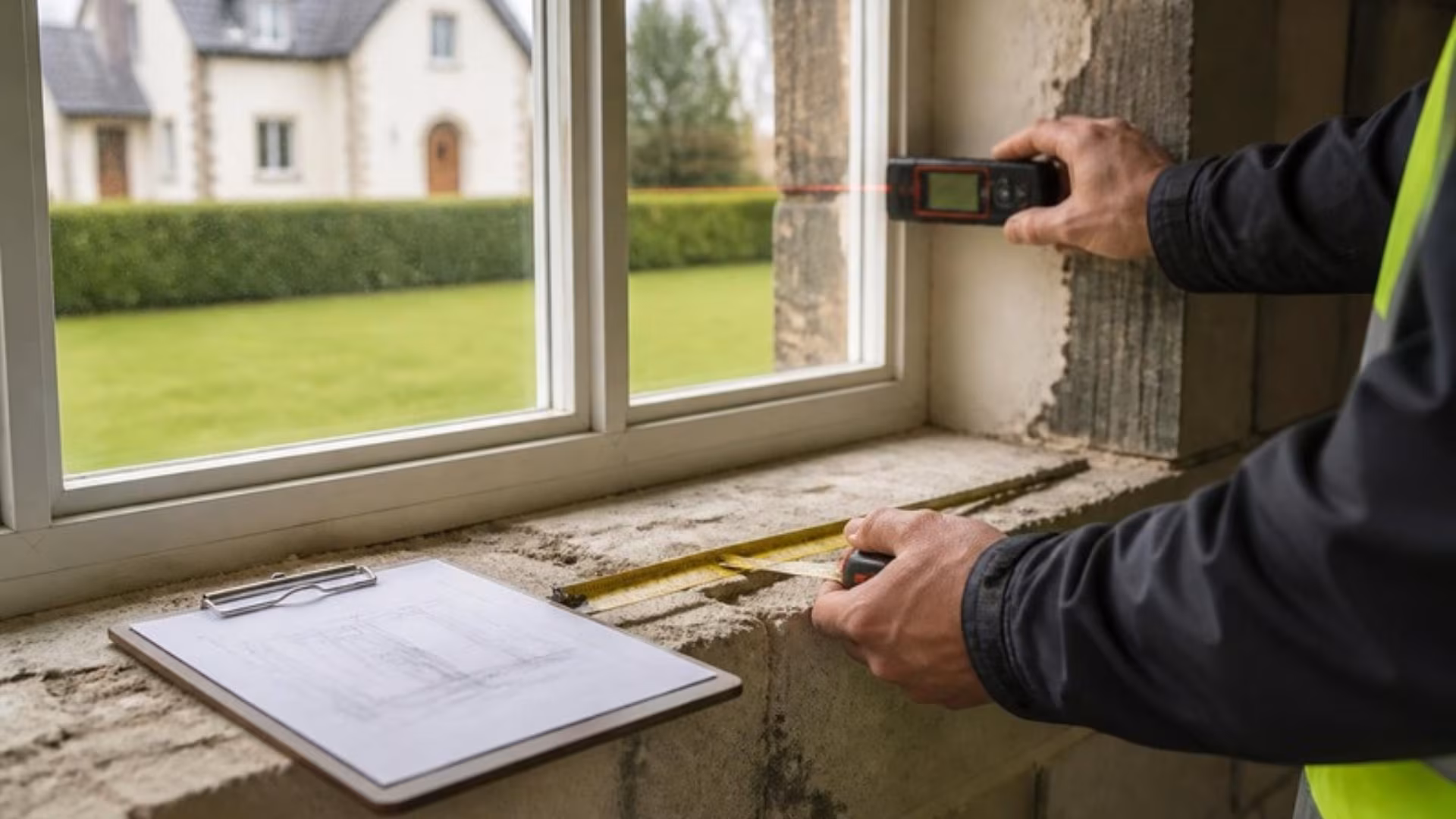 Surveyor measuring a window opening with a laser measure and tape