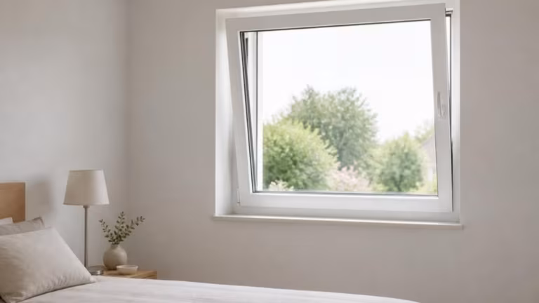 White tilt and turn window open in the tilt position in a bedroom