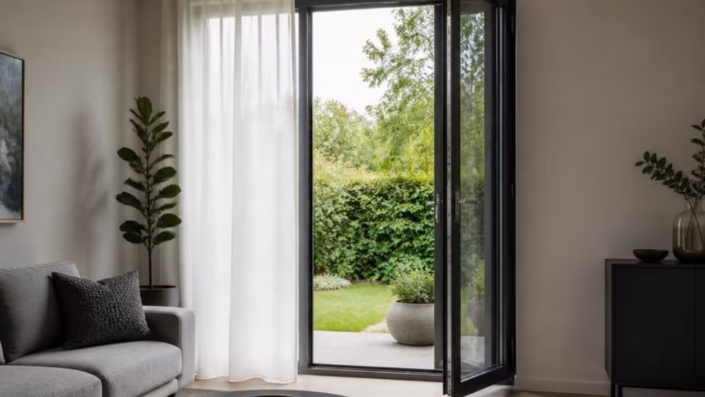 Anthracite tilt and turn window opened fully inward in a living room