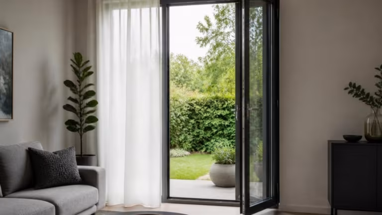 Anthracite tilt and turn window opened fully inward in a living room