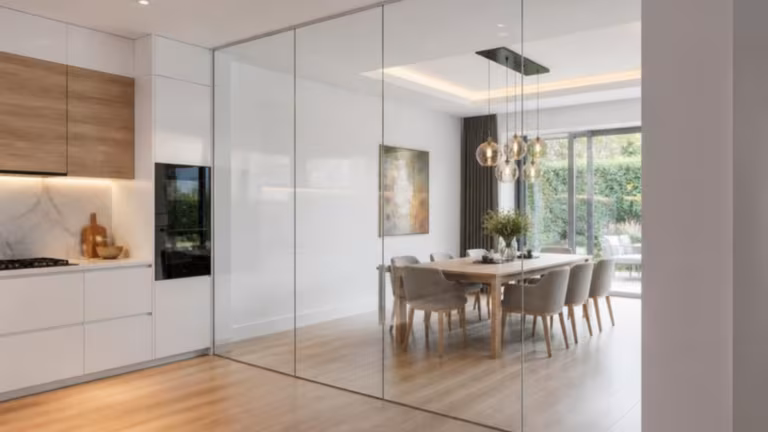 Frameless toughened glass screen between a kitchen and dining area