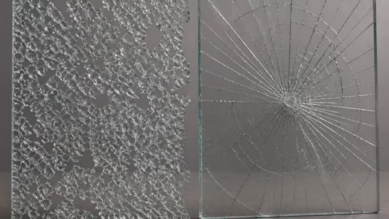 Shattered toughened glass beside cracked laminated glass held together