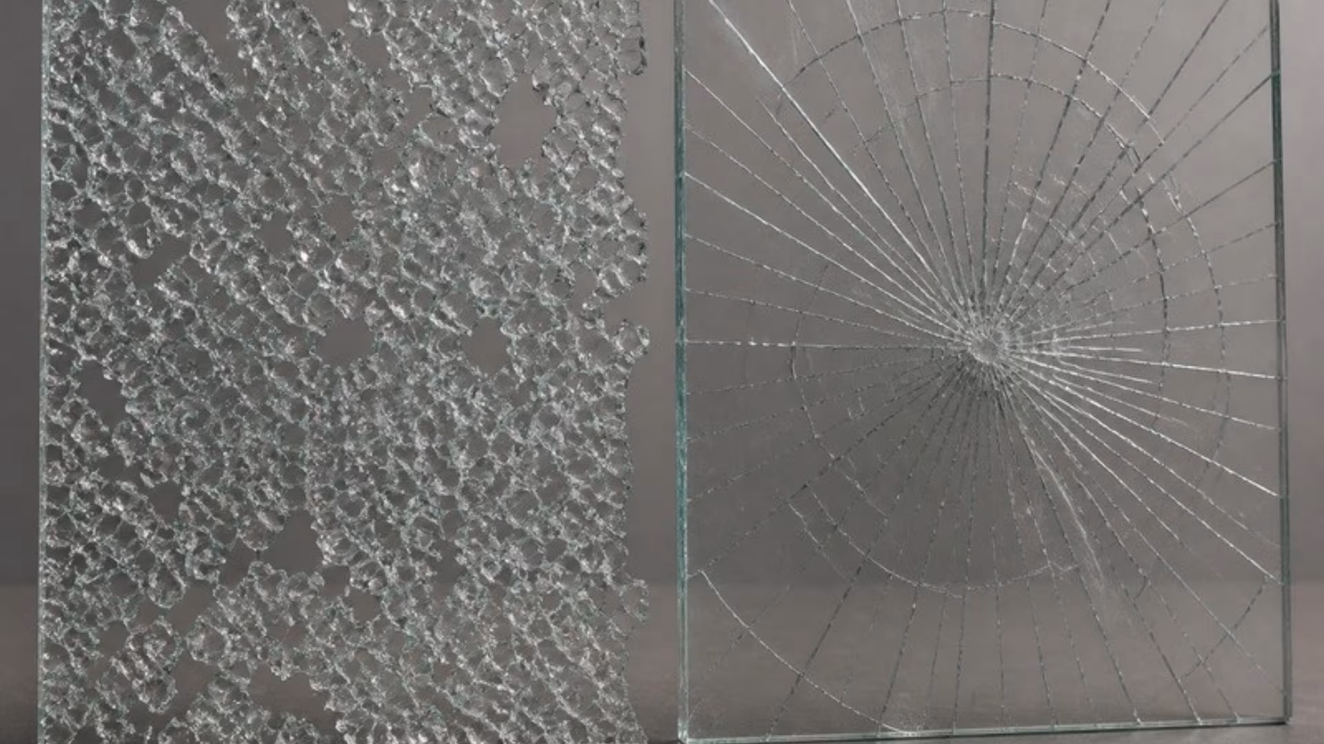 Shattered toughened glass beside cracked laminated glass held together