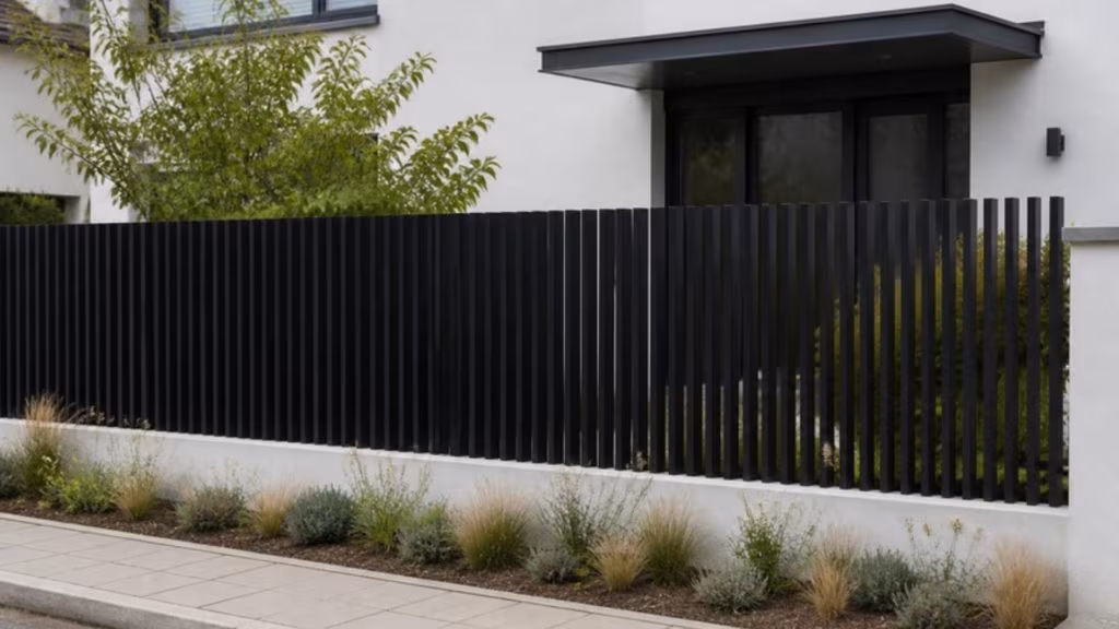 Black vertical slatted aluminium fence along a front garden