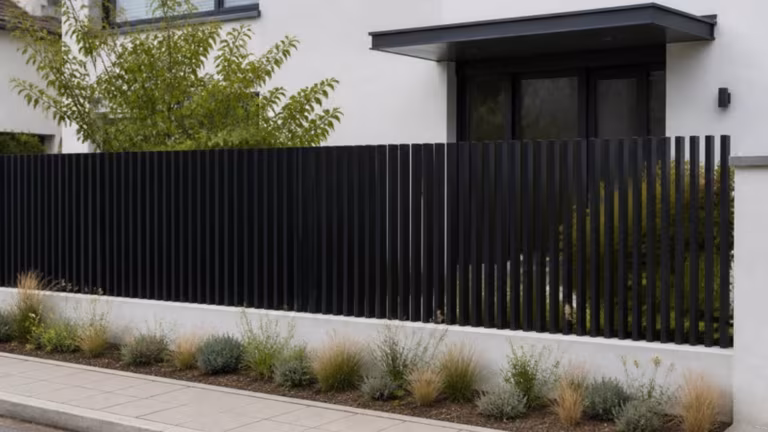 Black vertical slatted aluminium fence along a front garden