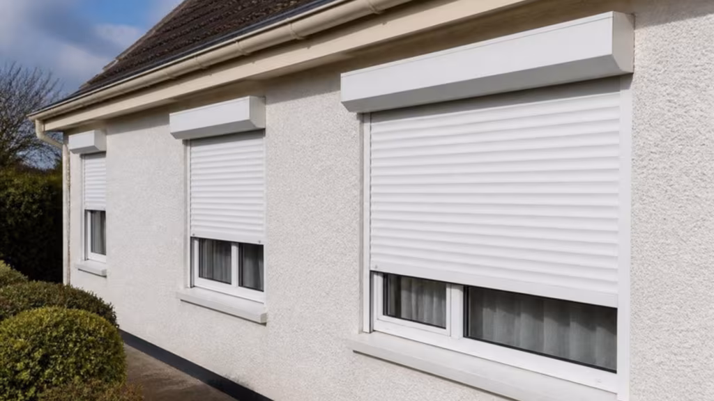 White electric roller shutters half closed on a bungalow